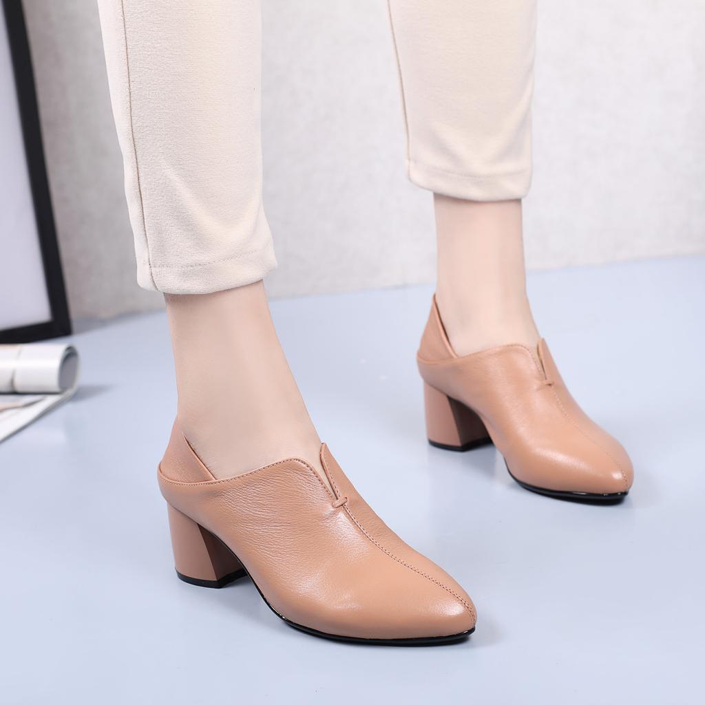 Натуральная кожа толстые каблуки глубокий носок одинарные туфли женские новые весна и осень новые женские туфли коровья кожа высокие каблуки