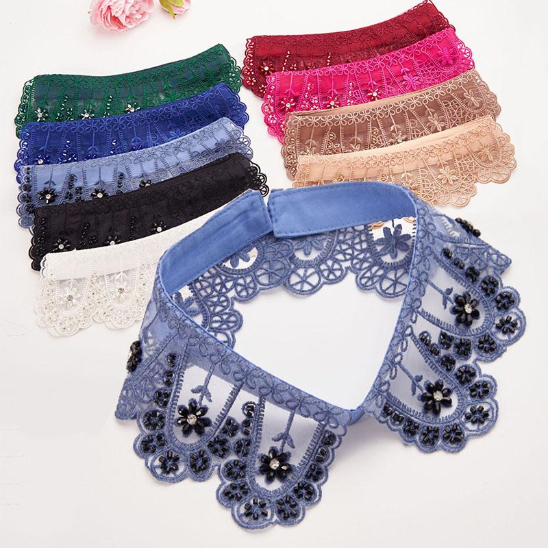 New Beading Lace Fake Collar Neckline Women White Lapel False Collars Woman Embroidery Removable Detachable Collar Tie Faux Col