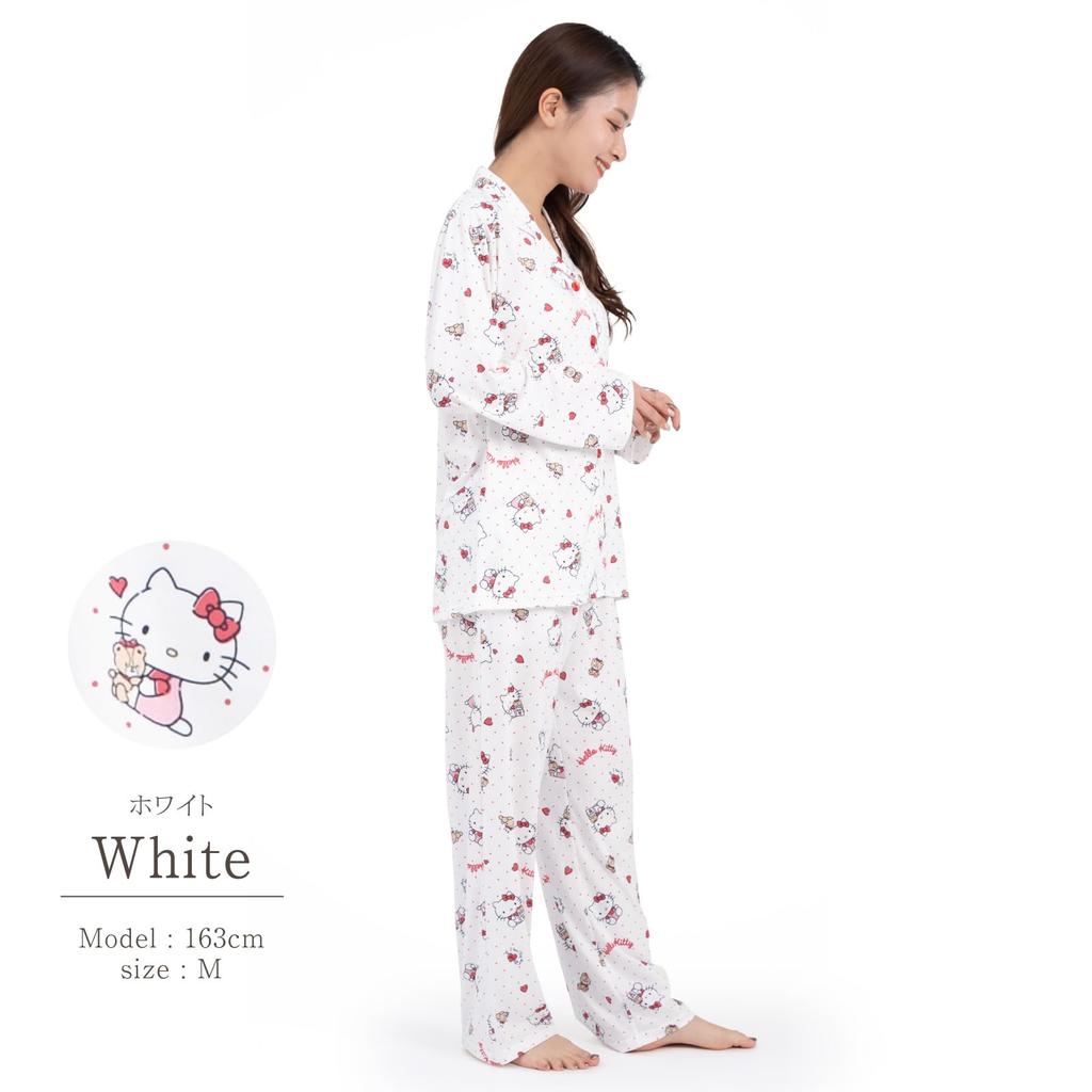 Hello Kitty Shirt Pajamas Powder Stretch Long Sleeve Long Pants Top and Bottom Set Loungewear Room Wear Dot Hello Kitty [SAZAC] Women's
