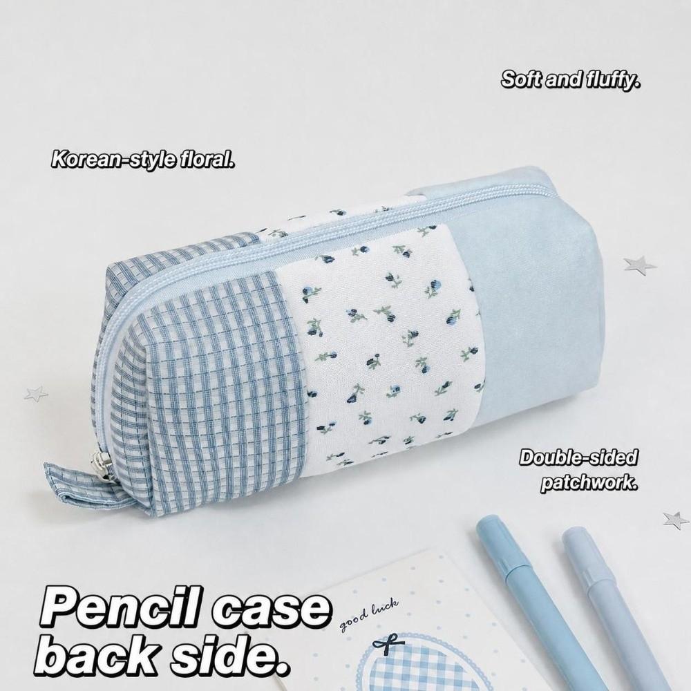Large Capacity Pen Bag Floral Plaid Splicing Pencil Pouch Portable Stationery Storage Bag Gift