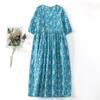 2025 лето новый синий фон белый принт ледяной цветок средней длины платье женское на шнуровке на талии с V-образным вырезом рукав три четверти длинное платье