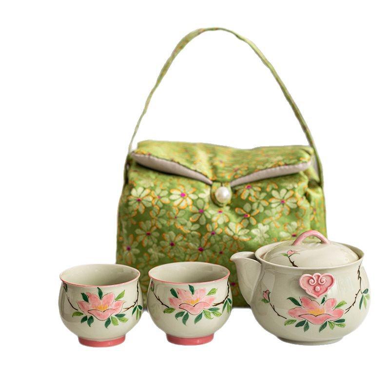 Hand-Painted Ceramic Travel Tea Set: 1 Pot & 2 Cups with Hand-Grip for Outdoor Tea Drinking