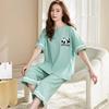 Summer Fashion Deep Blue Nightwear for Girls Knitted Cotton Pajamas Set Women Short Sleeve Capri Pants Sleepwear