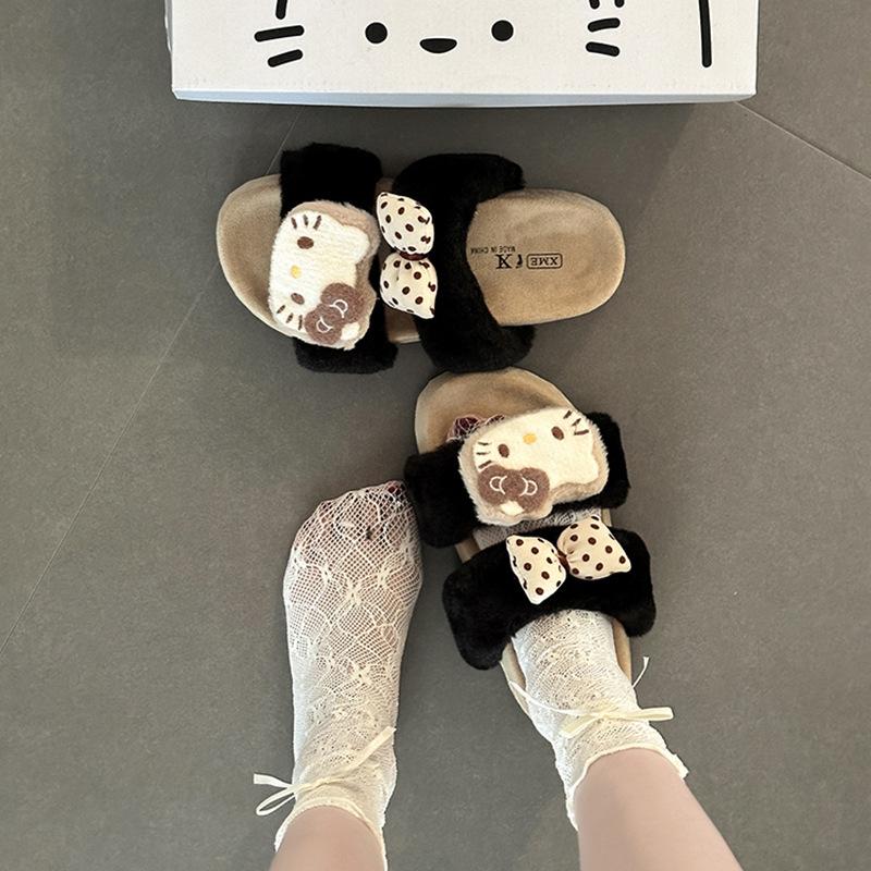 Милые мультяшные тапочки-бантики Hello Kitty, женские, новая коллекция осень-зима 2025, на толстой подошве, домашние, плюшевые, хлопковые, модные