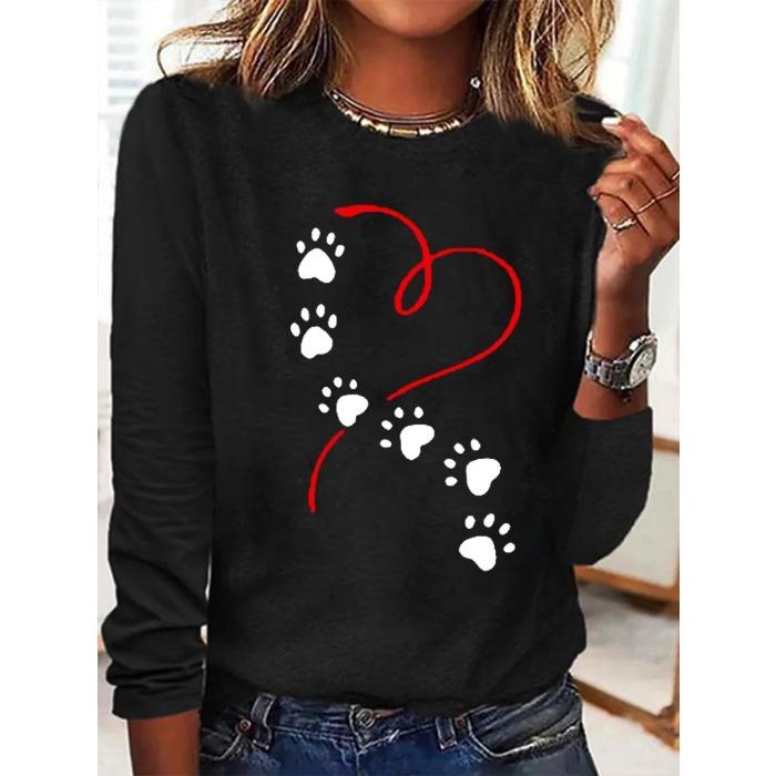 Round Neck 3D Printed Love Cat Footprint Pattern Top Fashionable Casual Long Sleeved Women's T-shirts