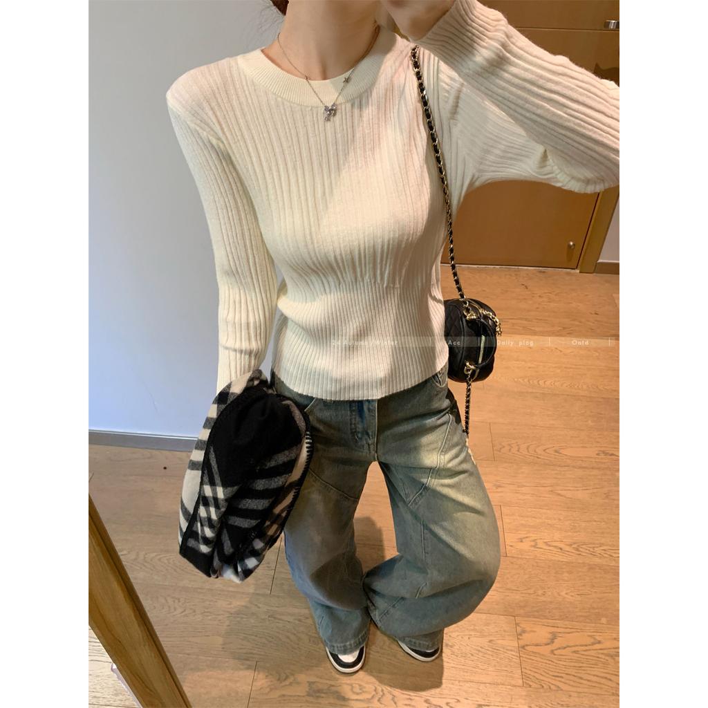 Pit strip crew neck sweater women's spring new thickened slim fit with knitted bottoming shirt short top