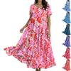 Women Casual Loose Bohemian Floral Dress Short Sleeve Long Maxi Summer Beach Swing Dress