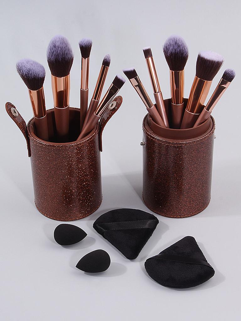 10 Pieces Makeup Brush Set, Gradient Handle+flash Brown Storage Bucket, Comes with 2 Mini Beauty Eggs+2 Triangular Powder Puffs