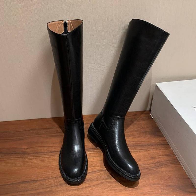 Осень и зима кожаные рыцарские ботинки женские средний каблук универсальные женские кожаные ботинки квадратный каблук большой обхват голенища молния коровья кожа высокие