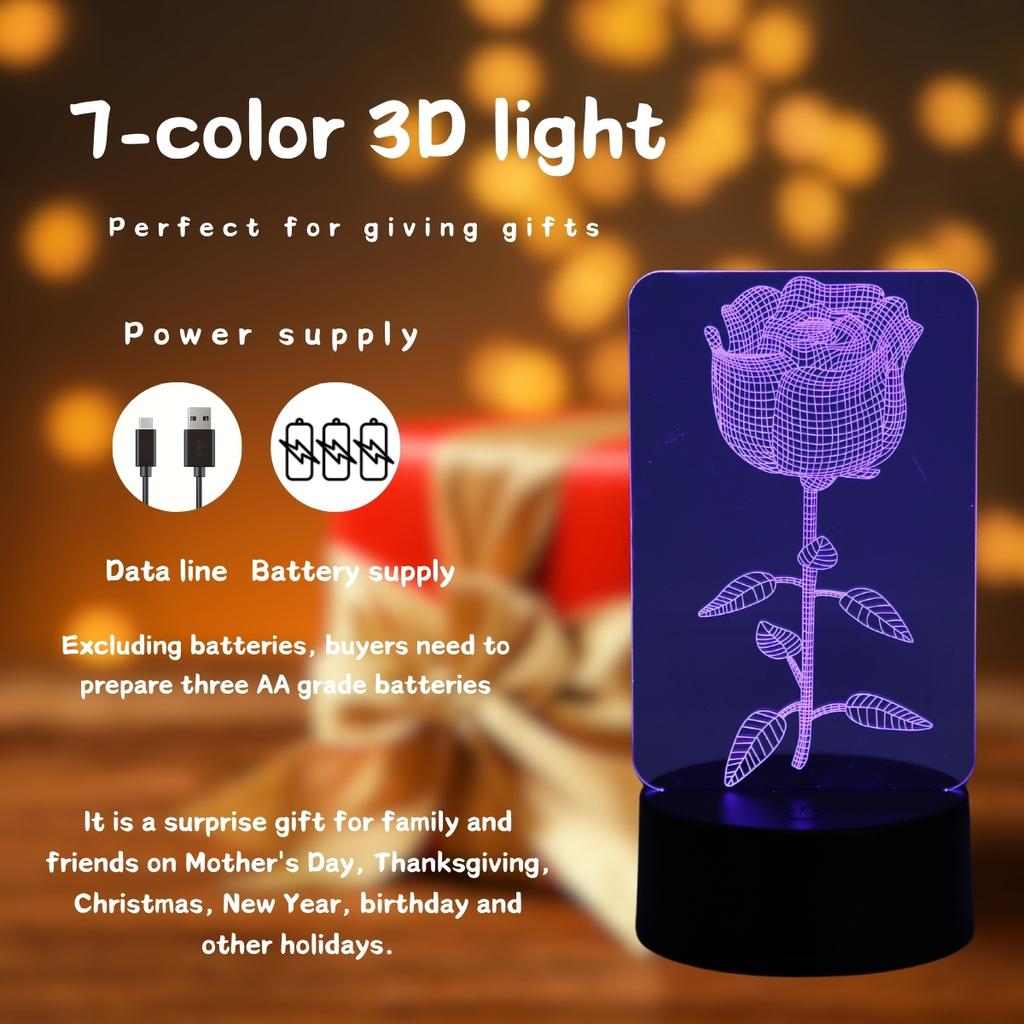 3D ночник-иллюзия розы, питание от USB, идеальный подарок на день рождения и праздник, ночник для украшения спальни и рабочего стола