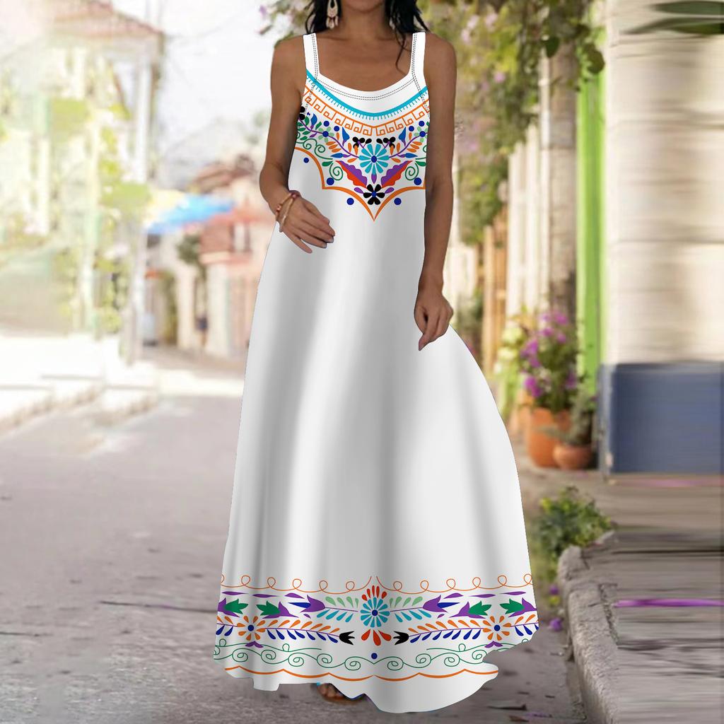 Женское платье-комбинация Длинное платье макси Синее платье с вышитым цветочным принтом Весна и лето Для отдыха и отпуска