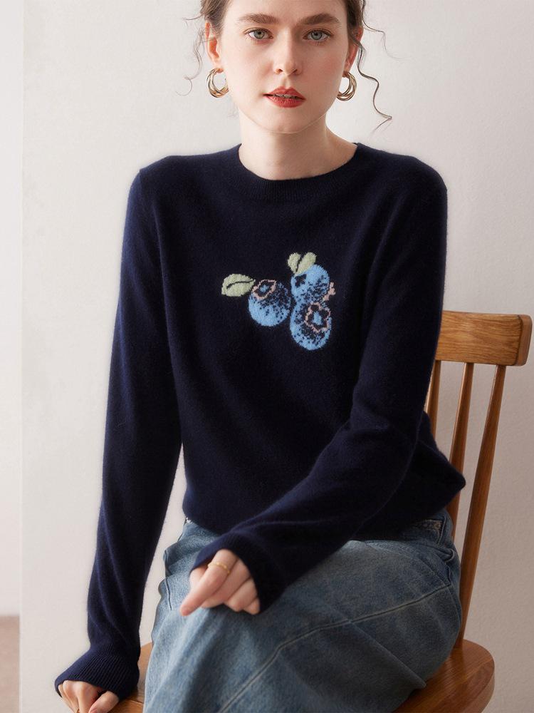 2025 Autumn/Winter Women's Round Neck Blueberry Jacquard 100% Pure Cashmere Sweater