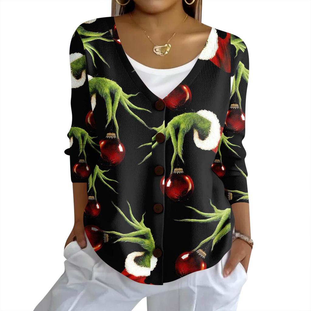 Women's Fashion Casual Knit Sweater Button-Up Christmas Print Cardigan Jacket
