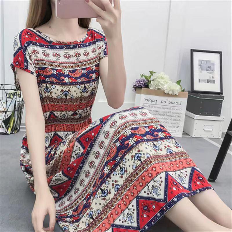 Летнее платье из хлопка и шелка в этническом стиле с цветочным принтом, модное элегантное платье больших размеров с короткими рукавами и средней длиной