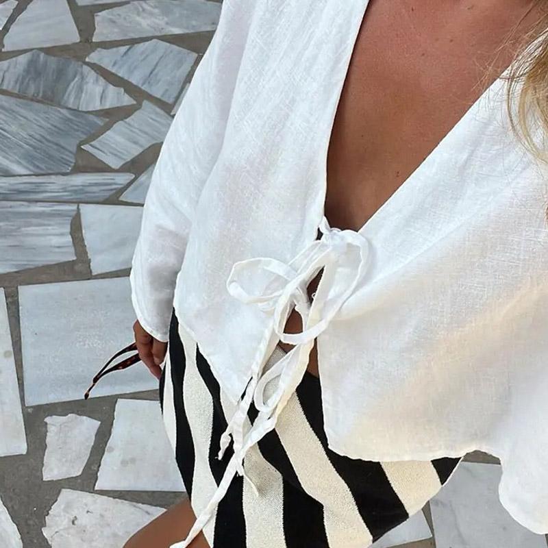 2025 Летние белые рубашки на шнуровке для женщин, элегантные свободные блузки с длинным рукавом и V-образным вырезом, женские однотонные повседневные уличные шикарные женские топы