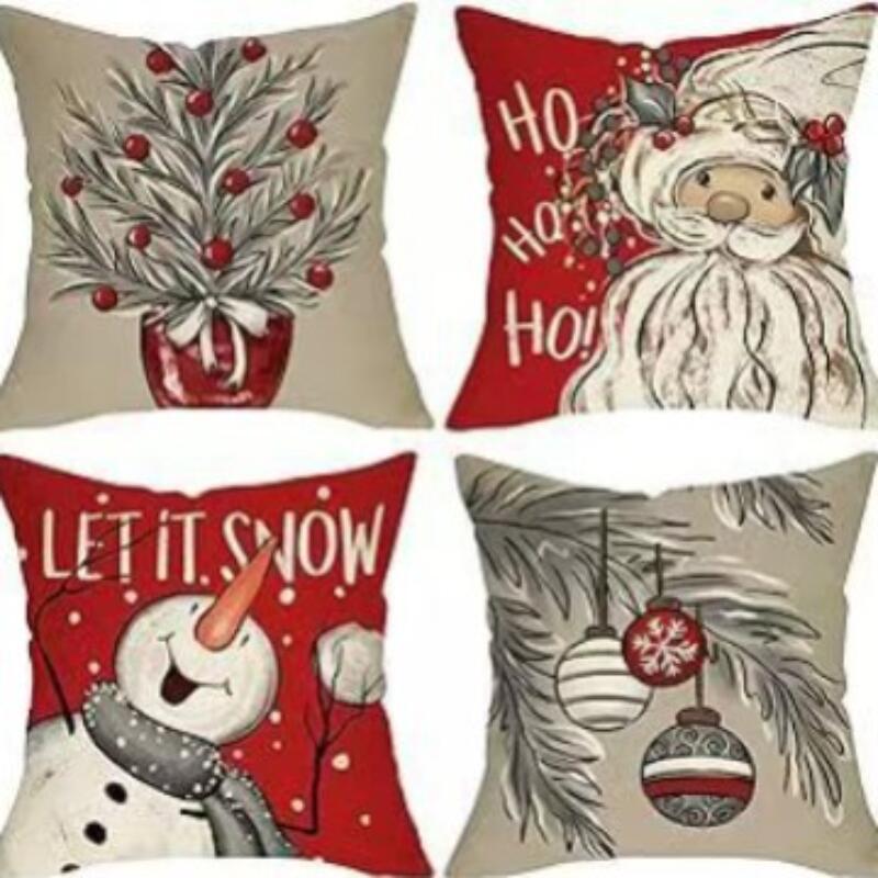 Набор из 4 двусторонних рождественских наволочек - Санта Снеговик Смесь льна Декор для дивана Праздничные акценты для дома