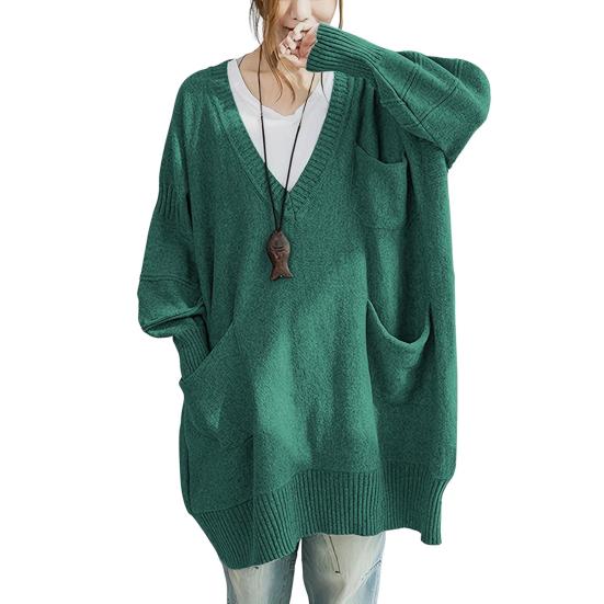 Women Sweater V-Neck Long Sleeve Sweater with Pockets Solid Color Loose Fit Long Hem Knitting Tops Autumn Winter Wear