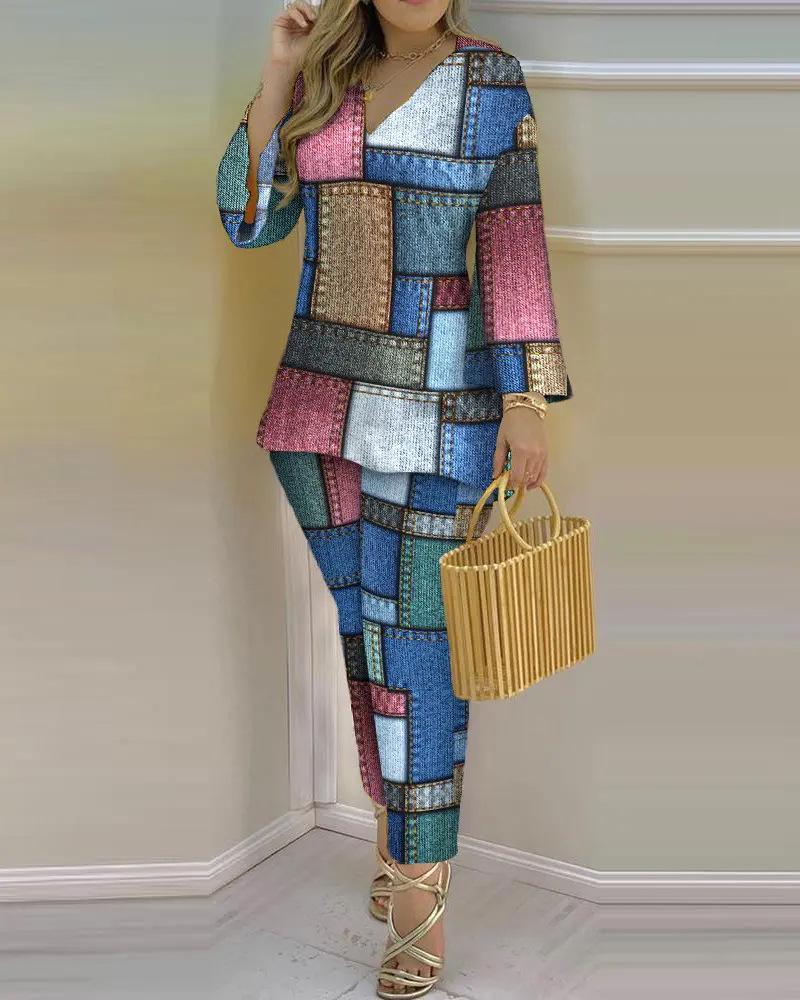 2023 Spring Women's European & American V-Neck Long-Sleeve Fashion Set