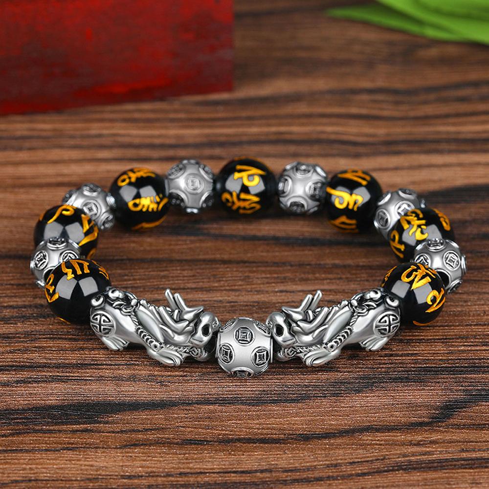 Black Obsidian Stone Bracelet Buddhism Feng Shui Six Words Pixiu Bead Bracelet Wristband Lucky Amulet Jewelry