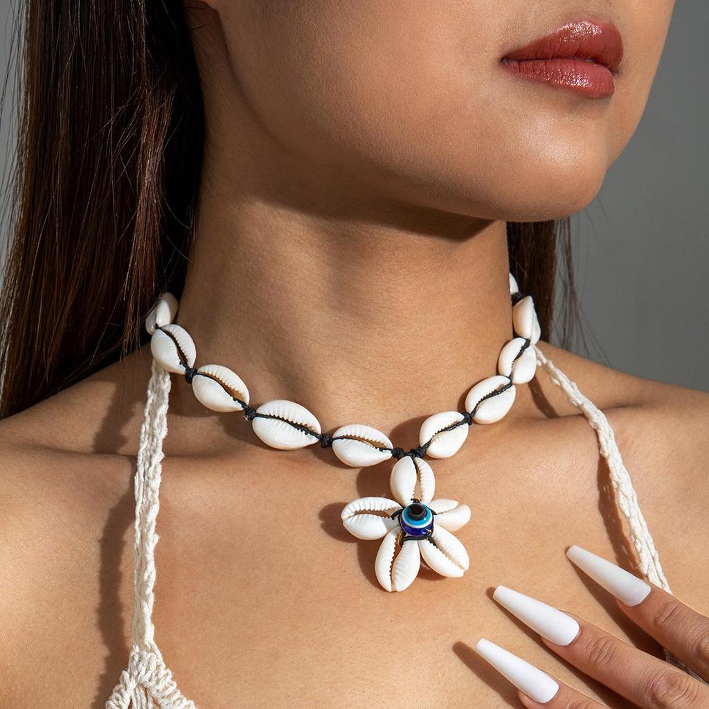 Boho Shell Pendant Necklace for Women Evil Eye Flower Choker Rope Necklace Beach Jewelry Felame Bijoux Handmade