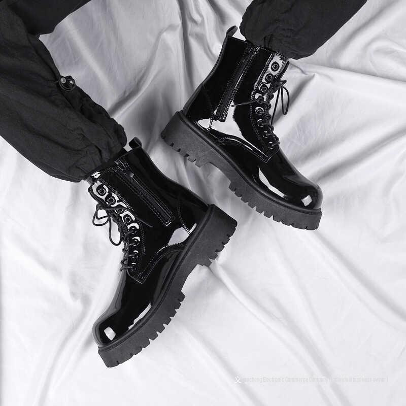 COS Men's Genuine Leather British Style Height-Boosting 10cm Motorcycle Martin Boots