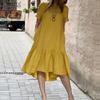 Womens Ruffles Hem Summer Casual O-neck Short Sleeve Loose Cotton Dress