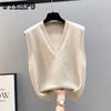 Knitted Waistcoat for Women with Folded Waistcoat Sweater Korean Version V-neck Loose Top