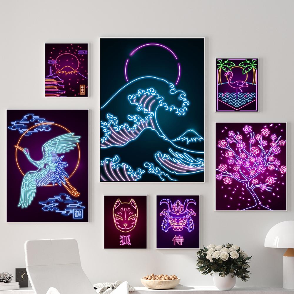 Oriental Retro Neon Canvas Painting Tsuru Sakura Mural Japanese Wave Mount Fuji Samurai Art Poster Print Living Room Home Decor