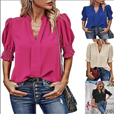 Женская летняя рубашка с V-образным вырезом и рукавами-фонариками, однотонная, с короткими рукавами, топы, блузки и рубашки