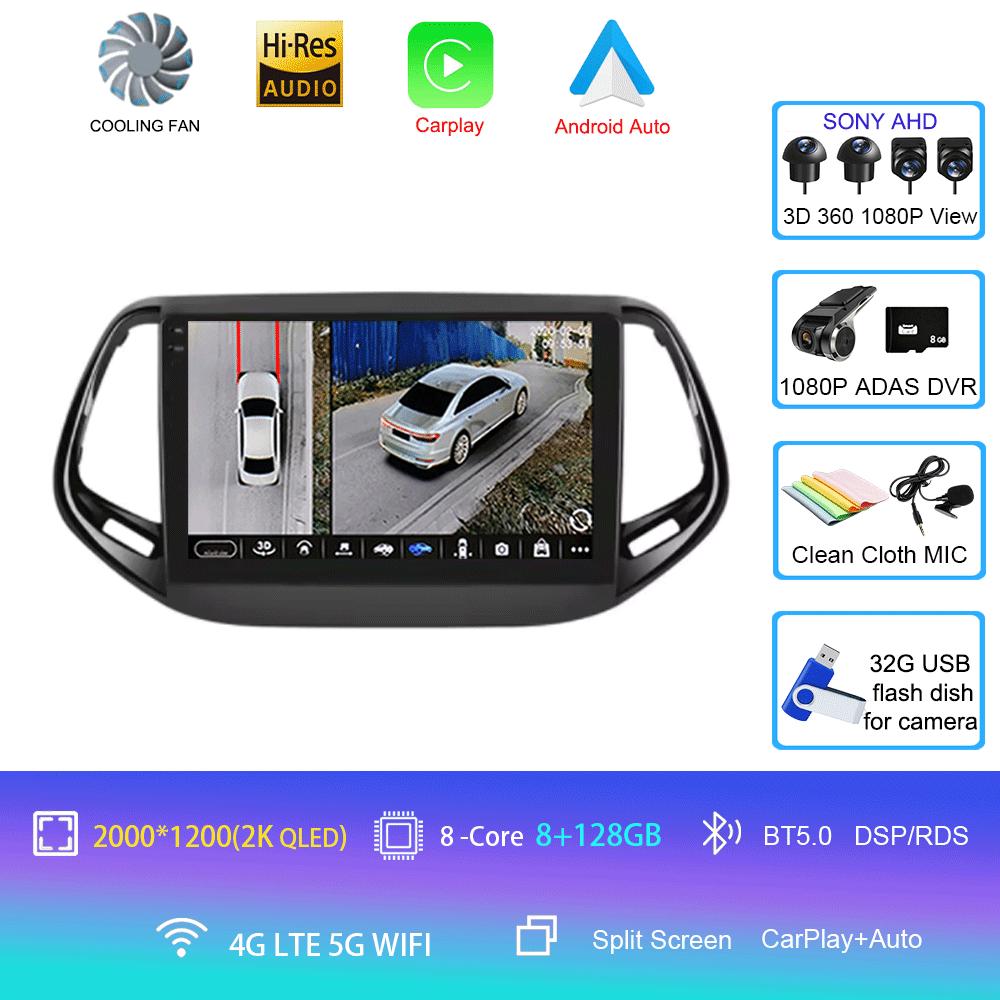 Для Jeep Compass 2017 - 2019 360 камера головное устройство Android 14 видеоплеер автомобильное радио Авторадио Мультимедиа GPS навигация монитор