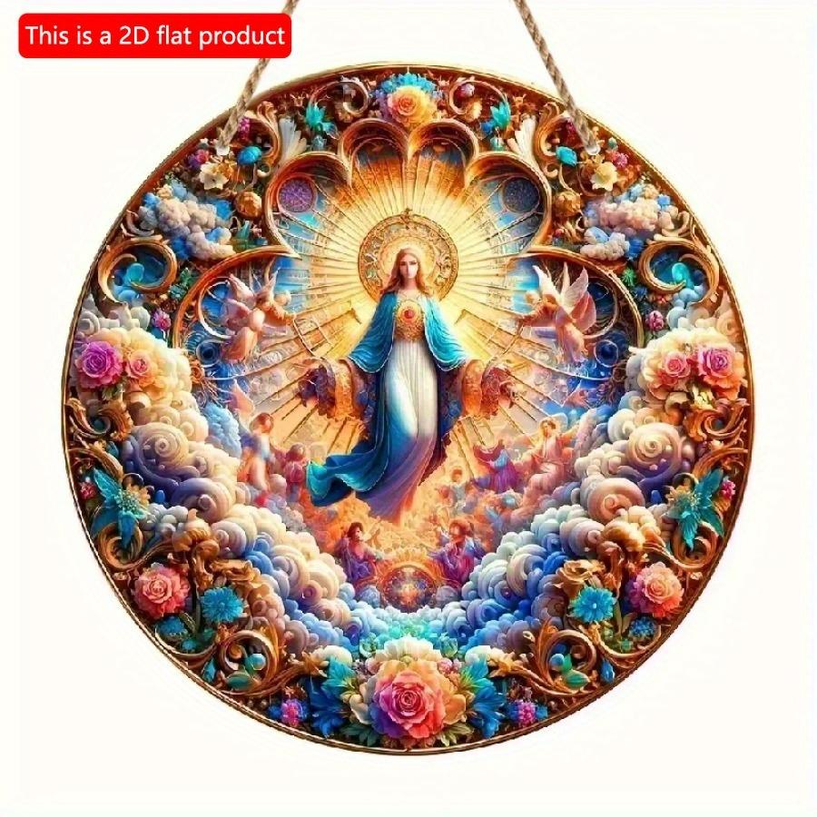 1pc 2d Flat Wood Christian Religion Mary Suncatcher, Translucent Stained Window Hanging, Round Wooden Sign- 20cm Porch, Wall, Home, Room, Cafe Holiday