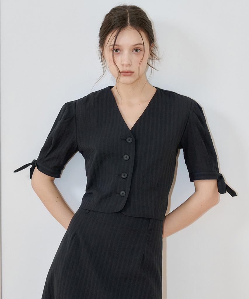 BIBYSEOB Ribbon Sleeve Cotton Blouse Black [T52]