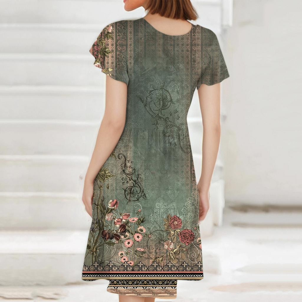 Women's Fashion Summer Ruffle Short Round Neck With Pocket Casual Dresses