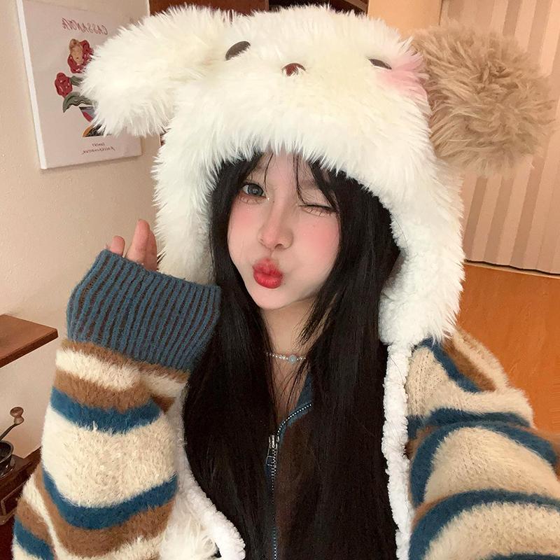 Winter Women Warm Hat Soft Rabbit Ear Hat Plush Thicken Protection Cartoon Puppy Hat Outdoor Windproof