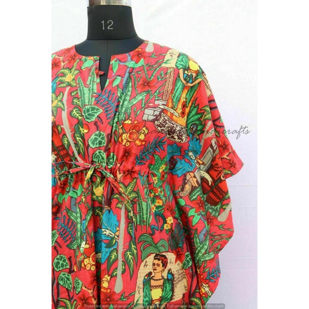 Индийское красное хлопковое платье с принтом Фриды Кало в стиле хиппи, женское ночное платье-кафтан CKFTN-SCRN-FULL-BUYIT-018