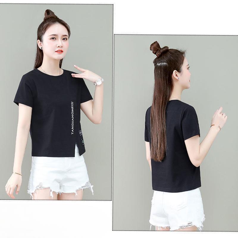 Woman's Tshirts Summer Split Hem Short Sleeve Letters O Neck Korean Style Casual Woman Top Tee Shirt