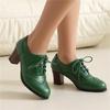 Women's High-heeled Single Shoes Spring and Summer Carved British Style Thick Heel Large Size Lace-up Low-top Shoes