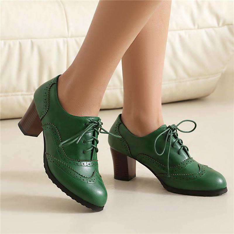 Women's High-heeled Single Shoes Spring and Summer Carved British Style Thick Heel Large Size Lace-up Low-top Shoes