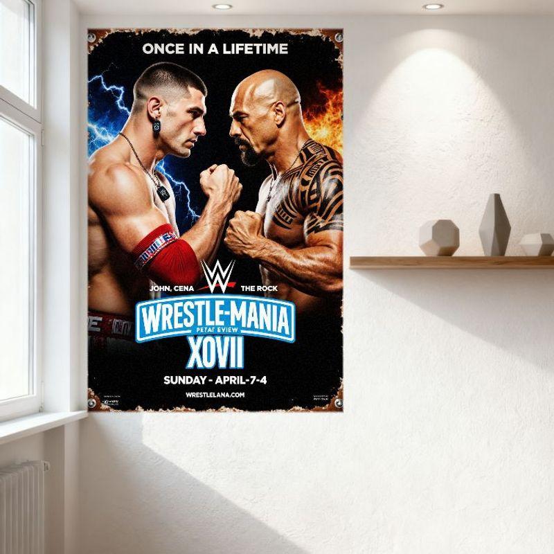 Винтажная металлическая жестяная табличка WWE WrestleMania XVII Джон Сина против Скалы Постер мероприятия с молниями и пламенем для мужской пещеры, бара, дома, де