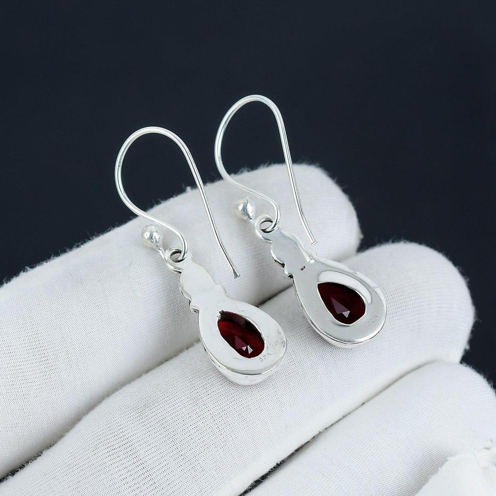 Red Garnet Drop Earrings 925 Sterling Silver Handmade Boho Dangle Jewelry Mother's Day Gift
