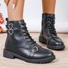 Women's Solid Lace Up Boots 2024 Autumn Heart Buckle Thick Heel Short Boots Pu Leather Side Zip Square Heel Women Boots