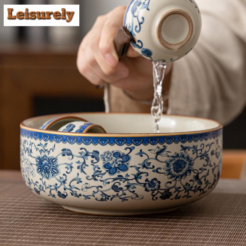 1000ml Blue and White Ru Kiln Porcelain Jianshui Luxury Tea Wash Writing-brush Washer Tea Residue Barrel Chaxi Equipment Craft