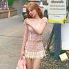 2 Piece Sets Women Elegant Sweet Pink Flower Blouse Female Casual Beach Style Korean Fashion Pleated Skirts Summer Outfits