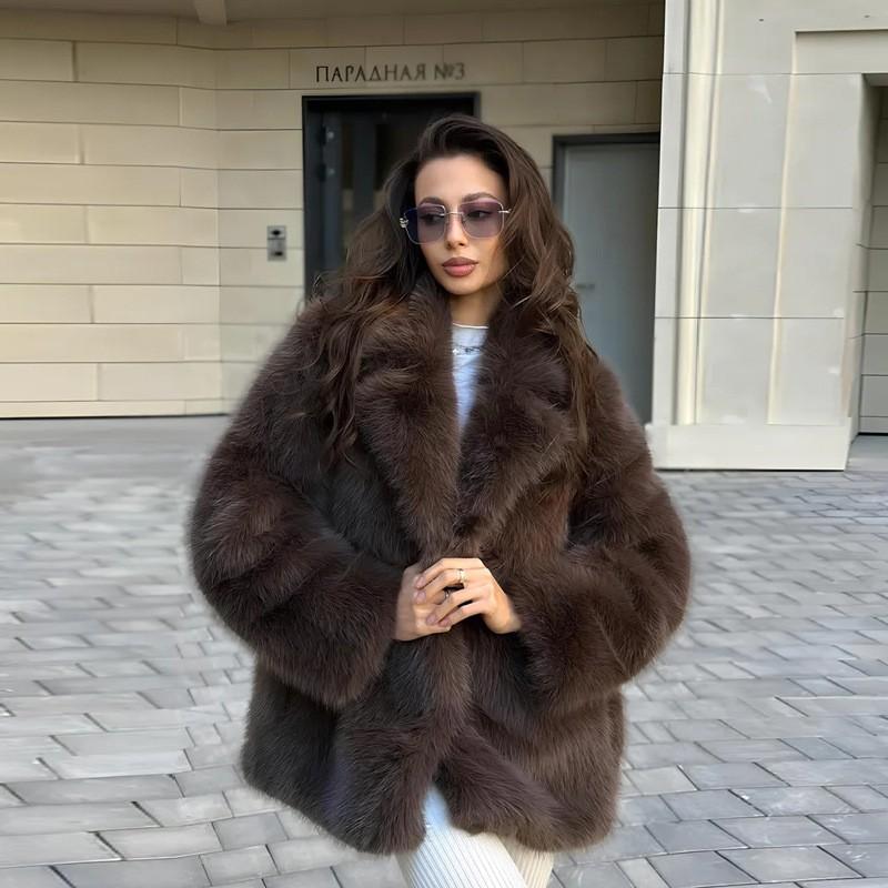 Womens Faux Fur Coat With Belted Waist Notched Lapel Mid-Length Elegant Office Style In Brown Beige Black