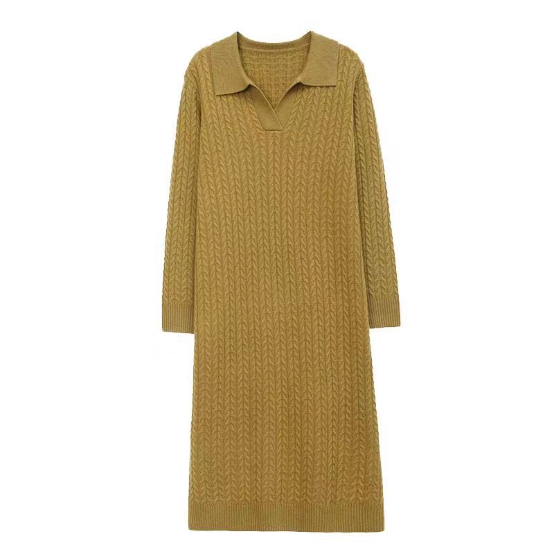 Вязаное платье с косами для женщин на зиму, толстый свитер, длинное платье, модный стиль с лацканами, свитер средней длины для осени и зимы
