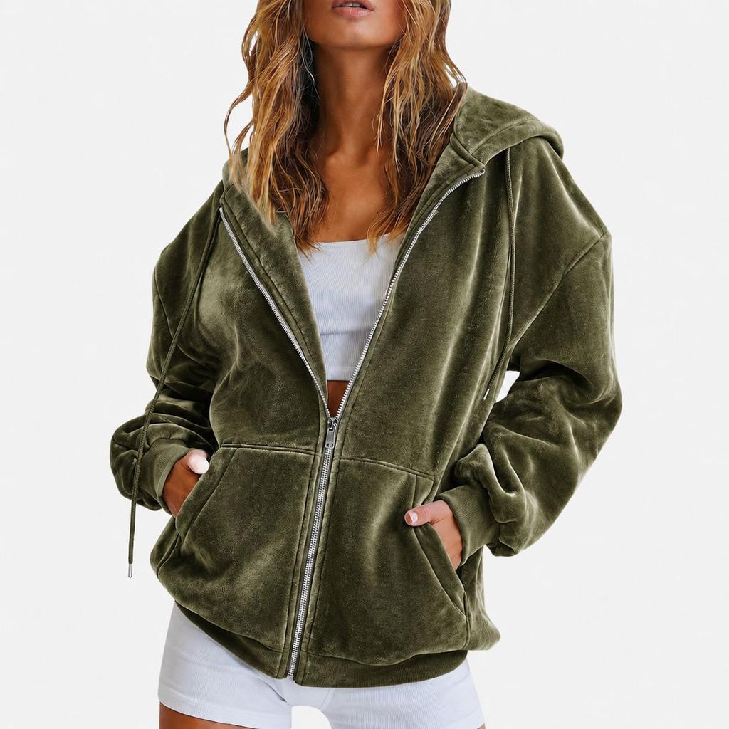 European and American golden velvet hooded sweater autumn and winter loose zipper cardigan jacket casual top
