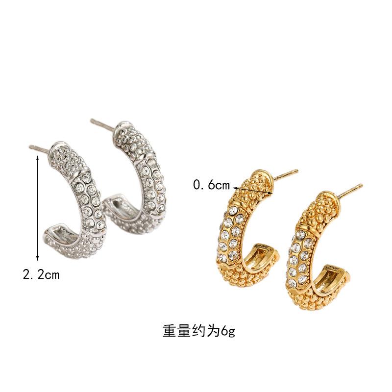 European & American Fashion Subtly Embellished Geometric Zircon Small Studs C Shaped Stainless Steel Earrings Niche Design Women