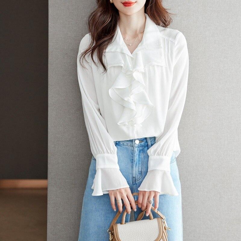 Модная шифоновая рубашка с длинными рукавами и оборками, женская повседневная свободная женская блузка на пуговицах, белая элегантная офисная женская топы, одежда 28768