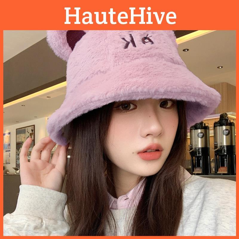 Ear Bear Ok Letter Embroidery Plush Fisherman Hat Bucket Cap Sun Protection