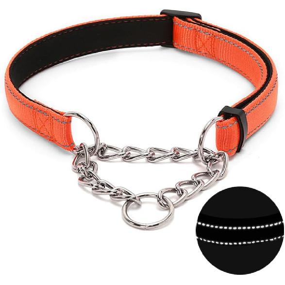 Martingale Dog Collar with Stainless Steel Chain, Adjustable Soft Padded Nylon Reflective Collar, No Pull Heavy Duty Chain Walking Training Colllars